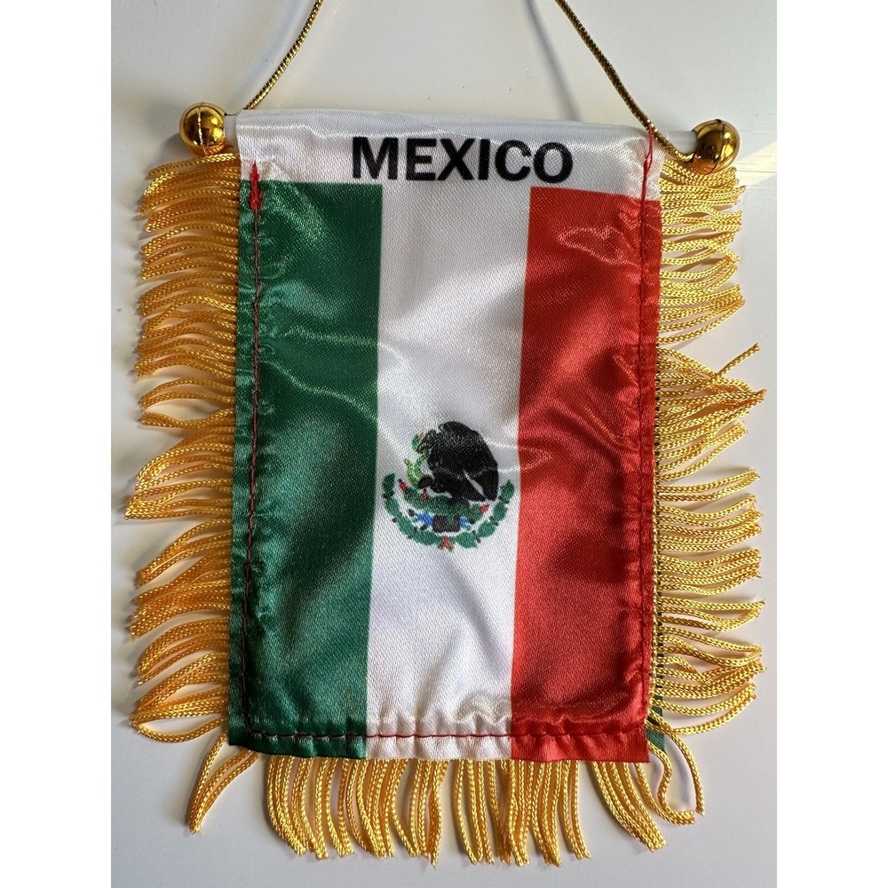 Mexico Mini Banner Black Eagle Flag 4x6 With Gold Fringe Suction Cup Hanging